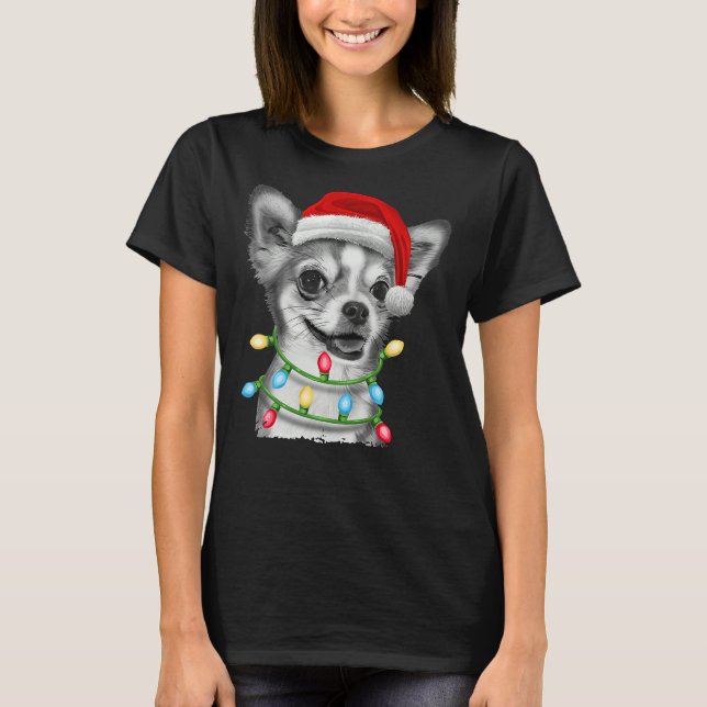 Camiseta Chihuahua Papai noel Árvore de Natal Luzes de Nata (Frente)