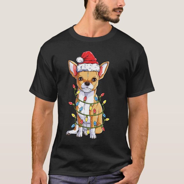 Camiseta Chihuahua Papai noel Árvore de Natal Luzes de Nata (Frente)