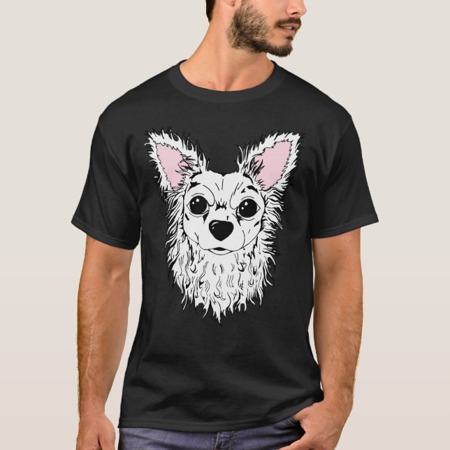 Camiseta Chihuahua Retrait Chewy de Cabelo Longo Branco (Frente)