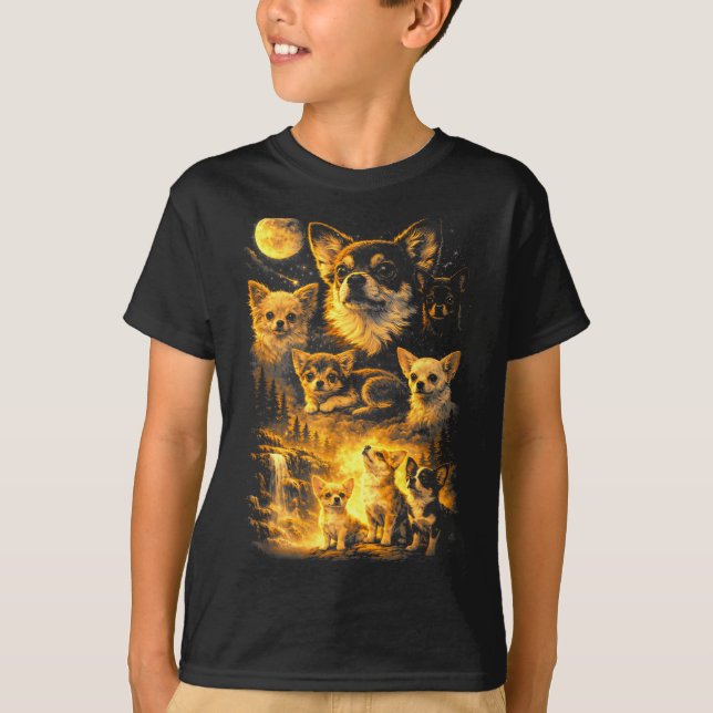 Camiseta Chihuahua retrô uivando para a lua meme 90s anima (Frente)
