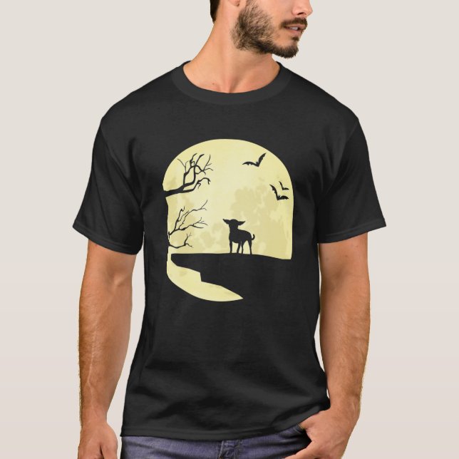Camiseta Chihuahua Silhouette Em Bats De Cães De Lua Comple (Frente)