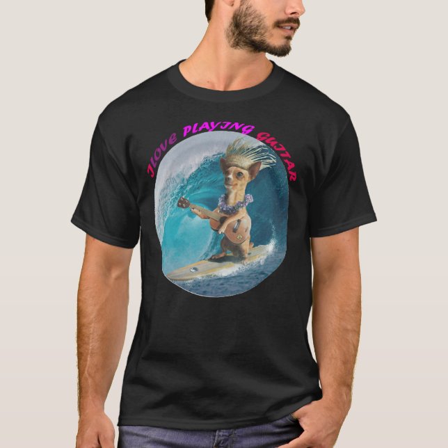 Camiseta Chihuahua Surfing Playing Lovely Guitar Stickers (Frente)