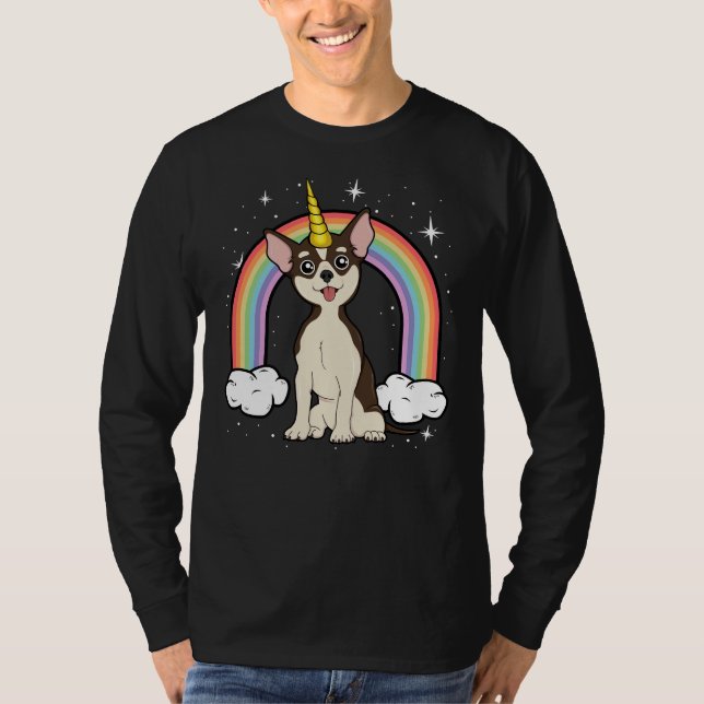 Camiseta Chihuahua Unicorn Cachorro Arco Arco-Íris Galáxias (Frente)