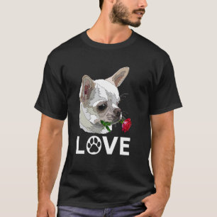 Camiseta Chihuahua Xícara de Chá Branco com Rosa Vermelha p