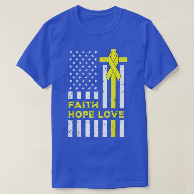Camiseta Childhood Cancer Awareness Faith Hope Love Christi (Frente do Design)