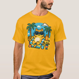 Camiseta Chill Cat Beach Day Cartoon T-Shirt-Fun Summer Tee