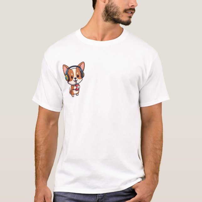 Camiseta Chill Music-Loving Corgi Puppy Sipping Soda (Frente)