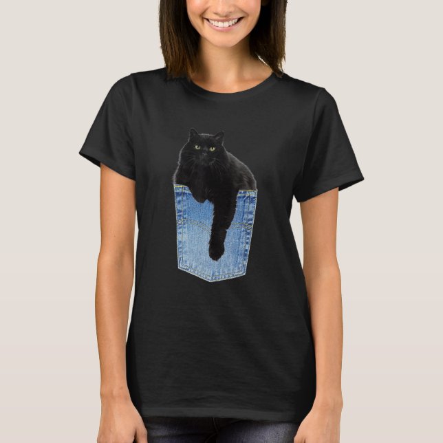 Camiseta Chillin Black Cat In Denim Jean Pocket Pet (Frente)