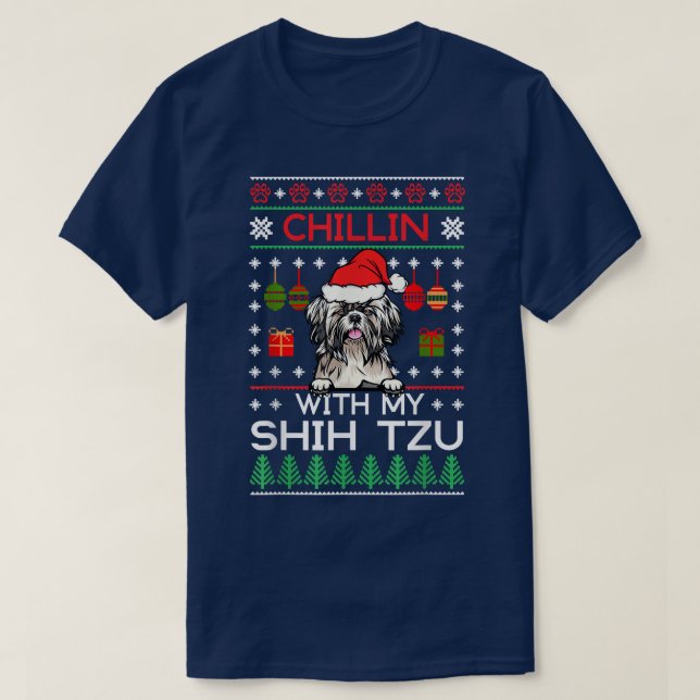 Camiseta Chillin With My Shih Tzu Santa Ugly Christmas Swea (Frente do Design)