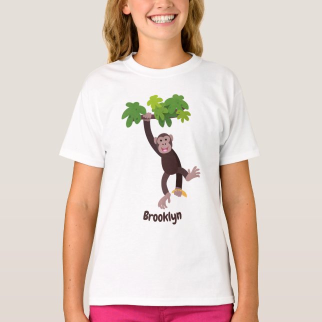Camiseta Chimpanzé bonito na selva pendurada em desenho ani (Frente)