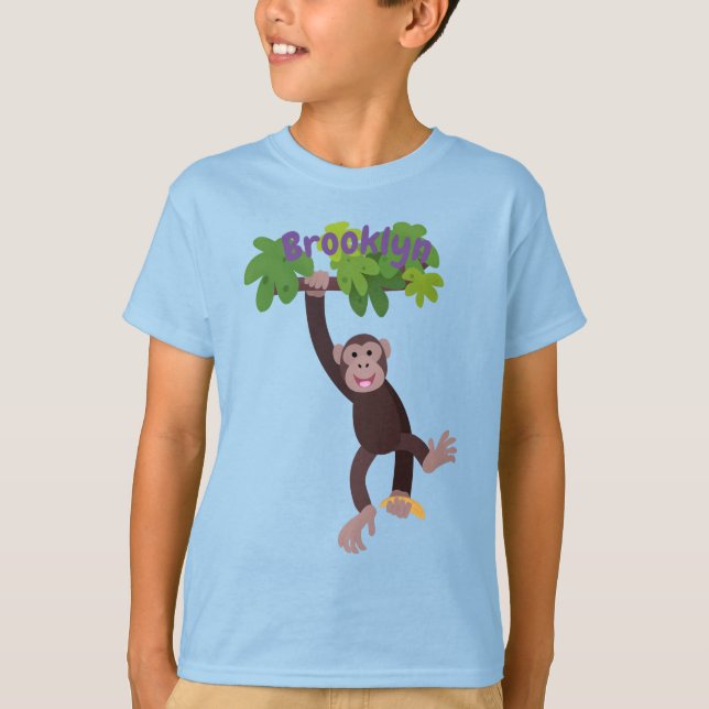Camiseta Chimpanzé bonito na selva pendurada em desenho ani (Frente)