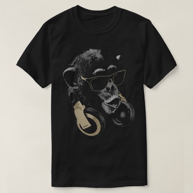 Camiseta Chimpanzé macaco com óculos e Fones de ouvido (Frente do Design)