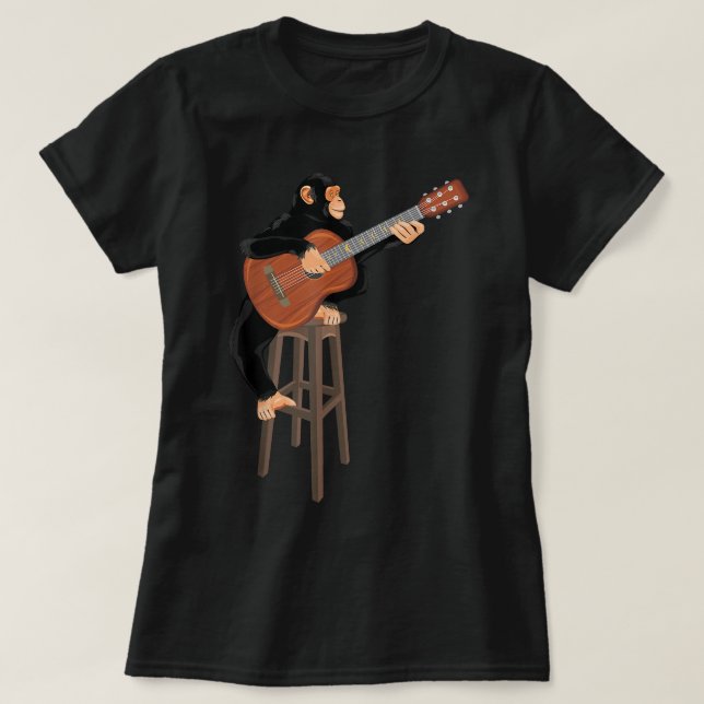 Camiseta Chimpanzé tocando violão acústico. Macaco engraçad (Frente do Design)