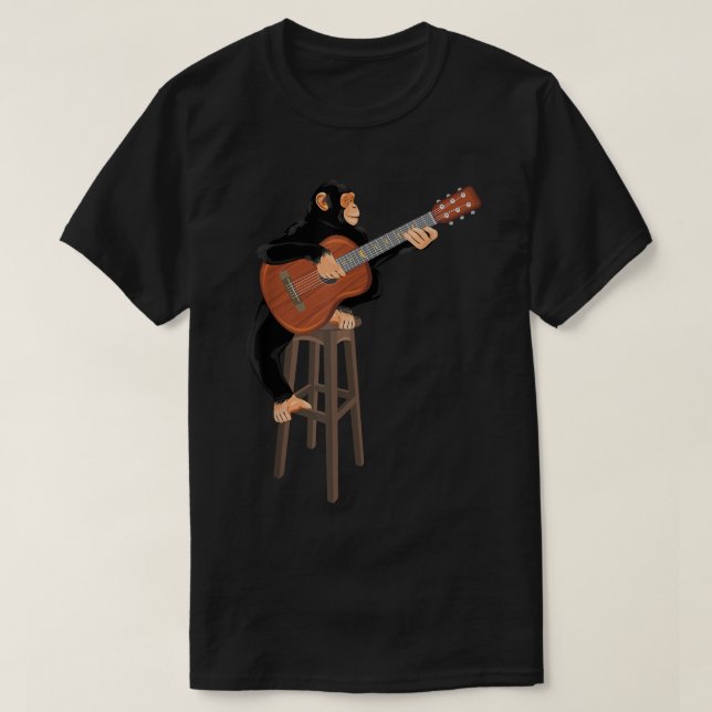 Camiseta Chimpanzé tocando violão acústico. Macaco engraçad (Frente do Design)