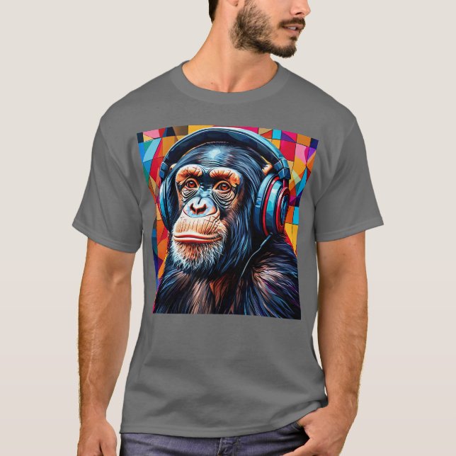 Camiseta Chimpanzé usando fones de ouvido (Frente)