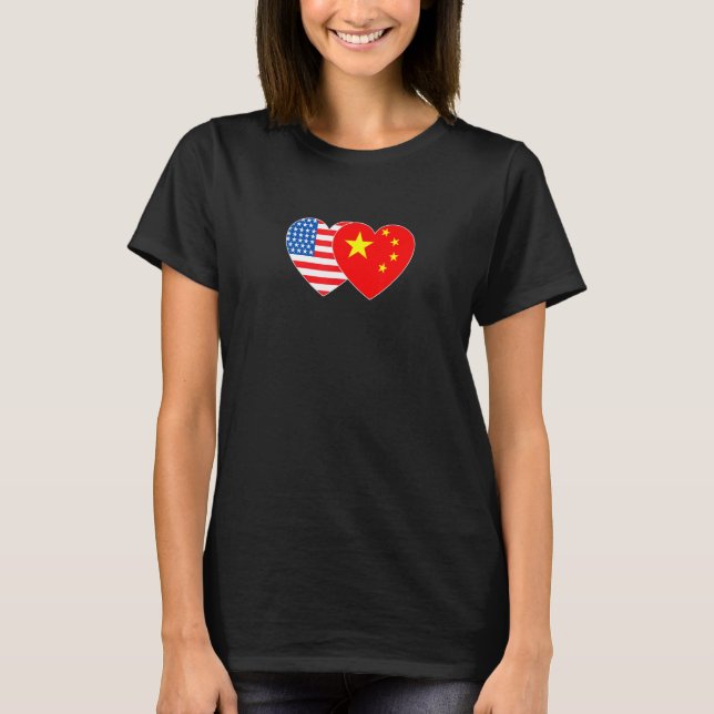 Camiseta China and USA Flag Twin Heart for Chinese American (Frente)
