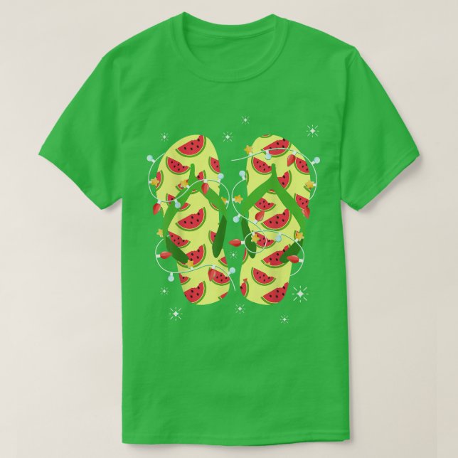 Camiseta Chinelos de Melancia Tropical com Luzes de Natal (Frente do Design)