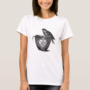 Camiseta Chique de colheita Pássaro e xícara de chá T-Sh