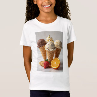 Camiseta chocolate, baunilha, morango, biscoito, gelo laran
