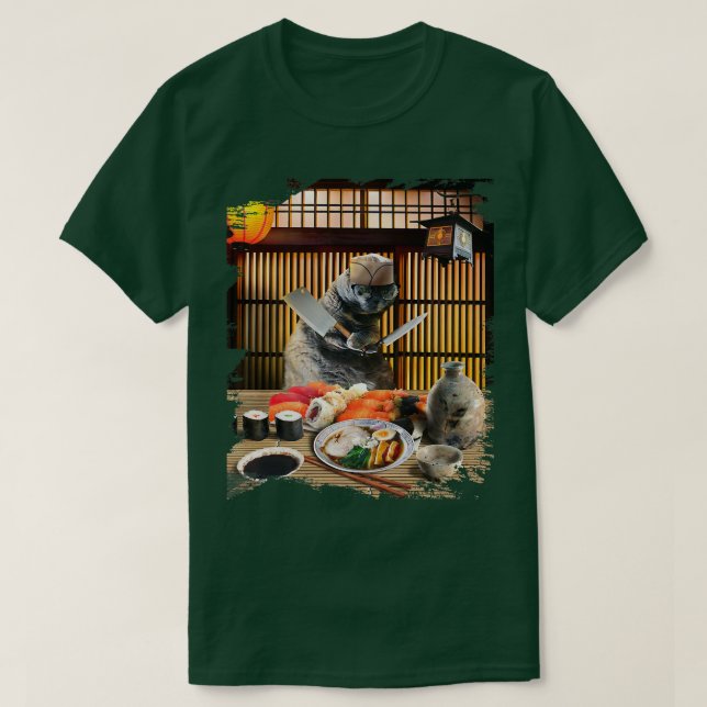 Camiseta Chonk Cat Sushi Ramen Chef, Gatinho Vestindo Óculo (Frente do Design)