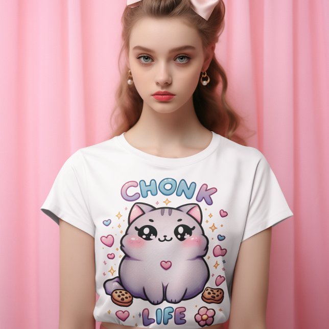 Camiseta CHONK LIFE CAT - Estilo Kawaii Gata Design Girls' (chonk, chonky, chonky cat, kawaii, cute, cookies, chocolate chip cookies, pin, pink, kitty, kitteh)