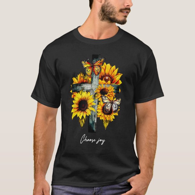 Camiseta Choose joy Cross Sunflowers Butterflies Christian (Frente)
