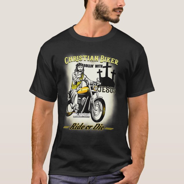 Camiseta Christian Biker I Ride Jesus Correndo Motocicleta (Frente)