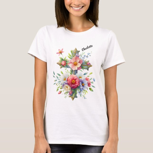 Camiseta Christian Blue Cross por Flores Brilhantes (Frente)