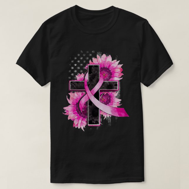 Camiseta Christian Cross Pink Ribbon Sunflower Breast Cance (Frente do Design)