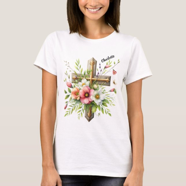 Camiseta Christian Cross realçado por Floral Primavera Halo (Frente)