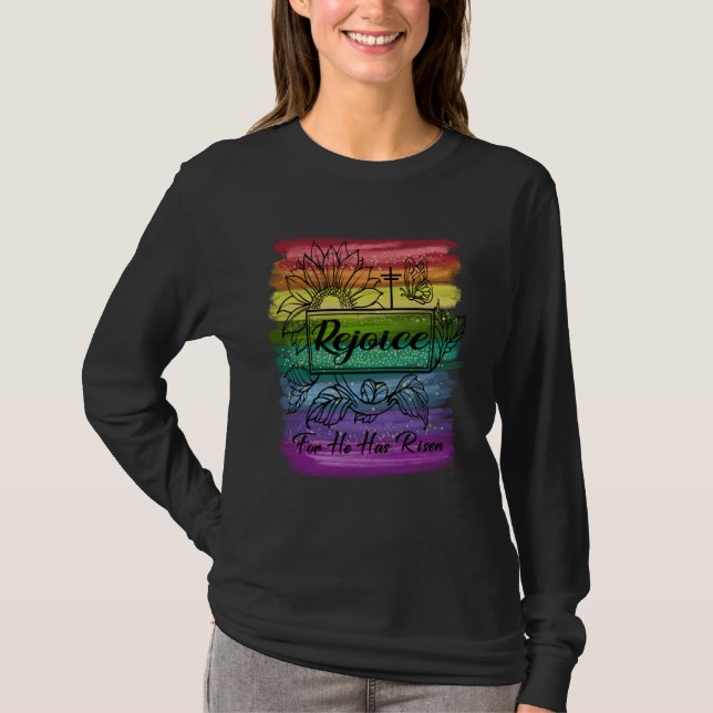 Camiseta Christian Easter Jesus Rejoice Fun He Is Risen Ins (Frente)