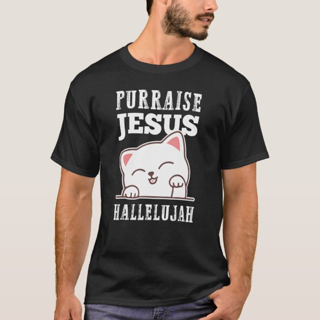 Camiseta Christian Faith Purrise Jesus Aleluia Gato Bonito (Frente)