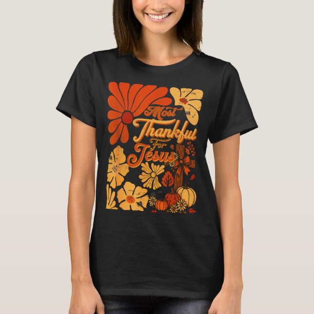 Camiseta Christian Fall Thanksgiving Autumn Most Thankful F (Frente)