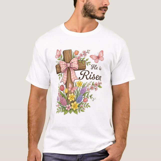 Camiseta Christian- He is Risen Floral Cross Religious East (Frente)