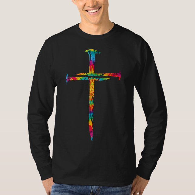 Camiseta Christian Jesus Nail Cross Tie Dye Rainbow Bíblia  (Frente)