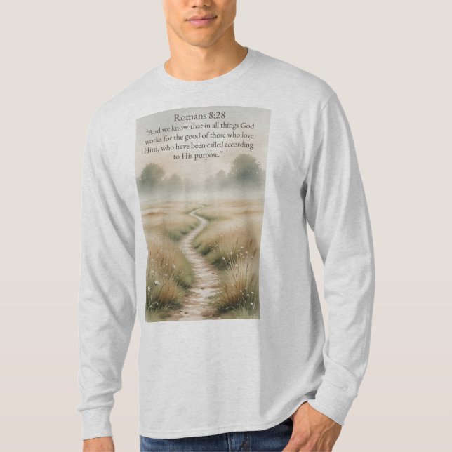 Camiseta Christian Men's Romans 8:28 Bible Long Sleeve Tee  (Frente)