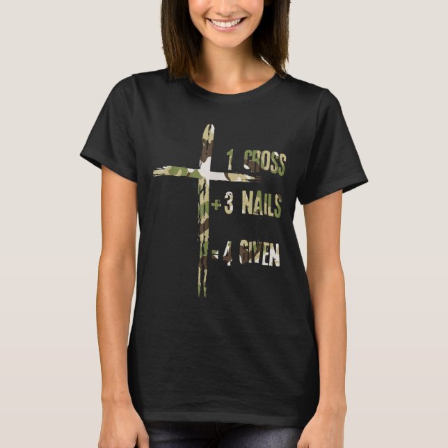 Camiseta Christian One Cross Plus Three Nails Equals Forgiv (Frente)