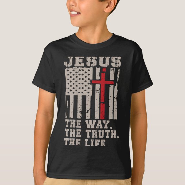 Camiseta Christian Patriotic Jesus Way Truth Life American (Frente)