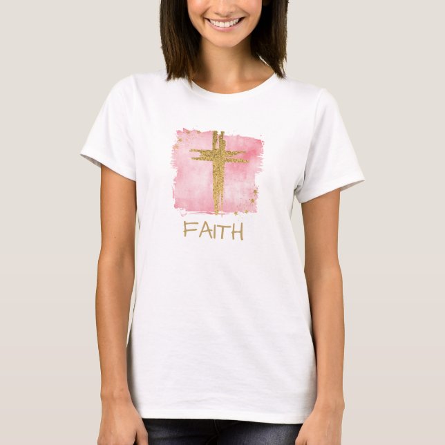 Camiseta *~* Christian PinK Cruz FAITH Glitter Dourada (Frente)