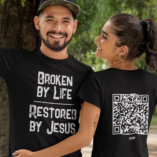 Camiseta Christian QR Code Broken By Life Restored By Jesus (Criador carregado)