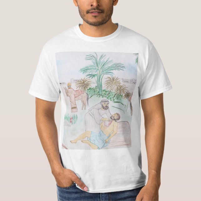 Camiseta Christian Trabalho de arte O bom samaritano (Frente)