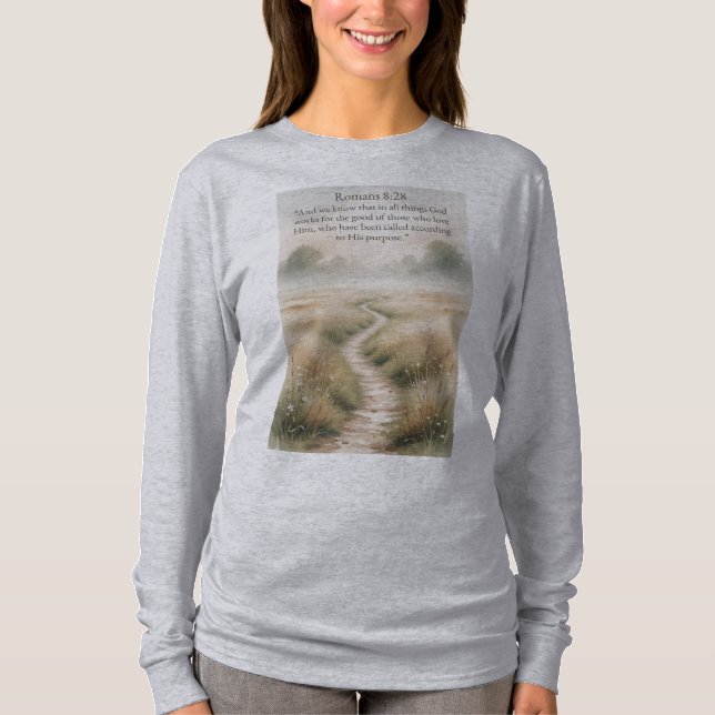 Camiseta Christian Women's Romans 8:28 Long Sleeve Tee (Frente)
