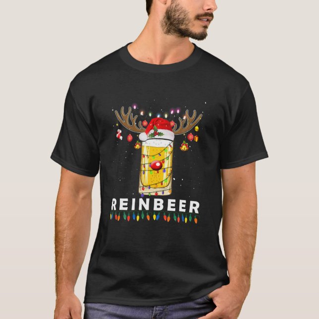 Camiseta Christma Reincerer Funny Reindeer Beer Lights Para (Frente)