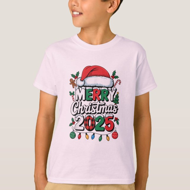 Camiseta Christmas 2025 Pajama Funny Santa Hat Xmas Lights (Frente)