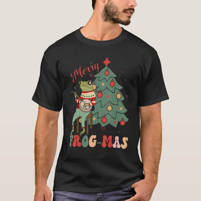 Camiseta Christmas Aesthetic Cute Frog Playing Bonjo Merry  (Frente)