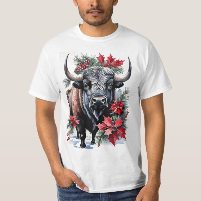 Camiseta Christmas Bison With Big Horns And Poinsettias (Frente)