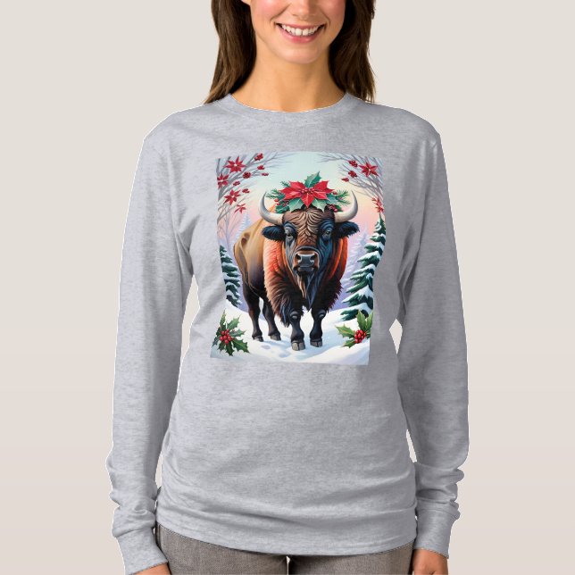 Camiseta Christmas Bison With Big Horns Snow & Poinsettias (Frente)