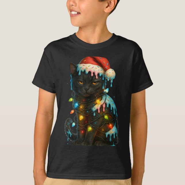 Camiseta Christmas Black Cat Ice Cream Drip Santa Hat Cute  (Frente)