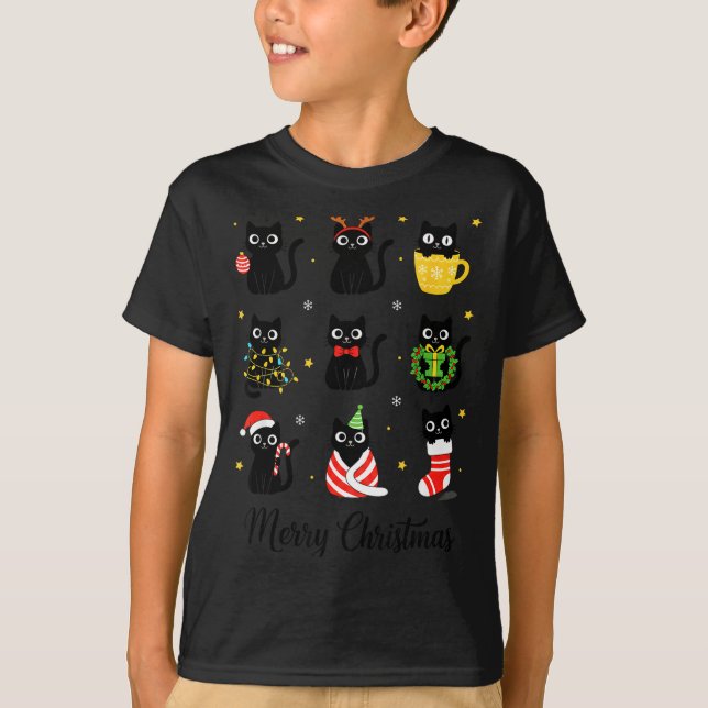 Camiseta Christmas Black Cats Merry Christmas Cute Holiday  (Frente)