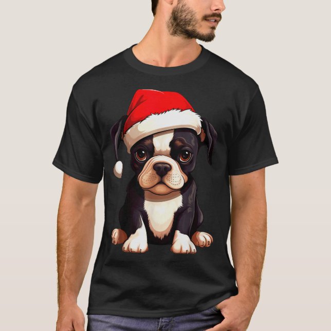 Camiseta Christmas Boston Terrier Dog Santa Hat Funny Xmas  (Frente)